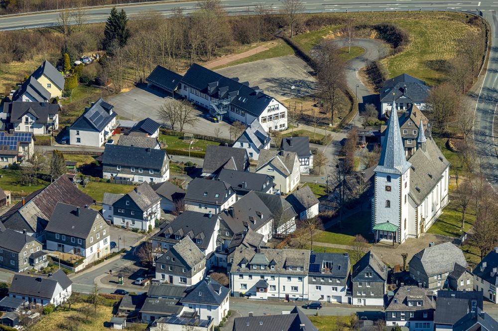 Remblinghausen from above - Church building Kath. Kita St. Jakobus on street Auf der Knippe in Remblinghausen in the state North Rhine-Westphalia, Germany