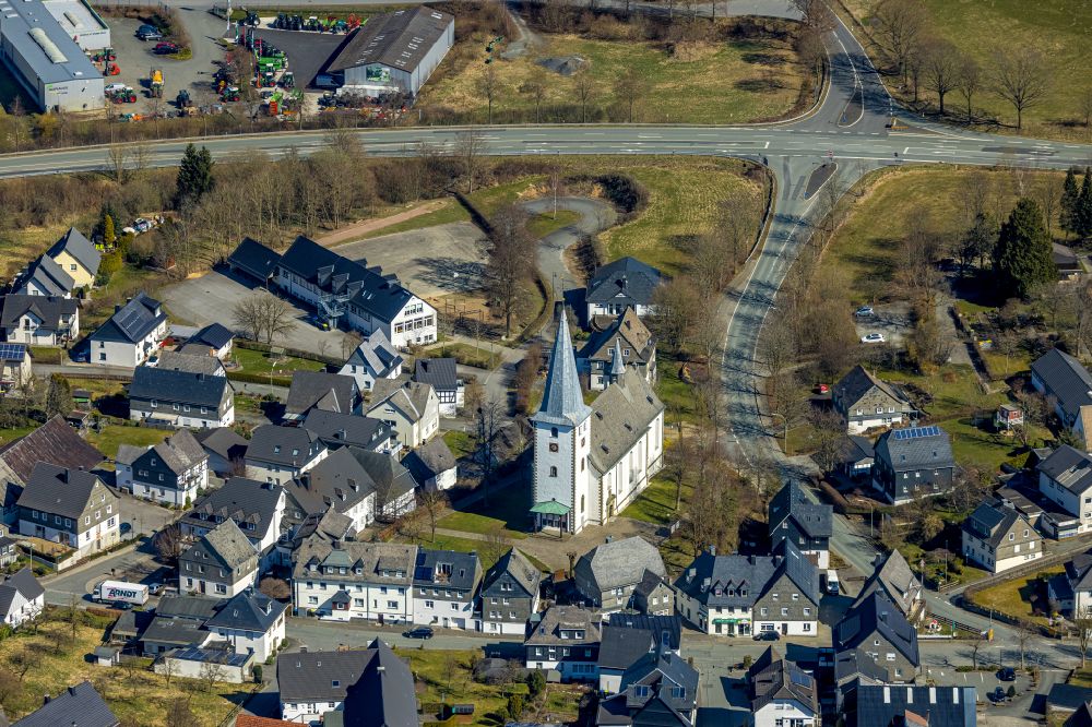 Aerial photograph Remblinghausen - Church building Kath. Kita St. Jakobus on street Auf der Knippe in Remblinghausen in the state North Rhine-Westphalia, Germany