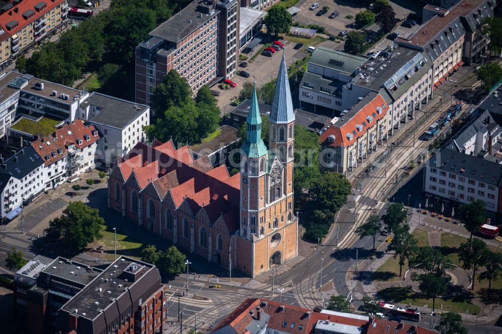 Braunschweig from above - Church building St. Katharinen on street An der Katharinenkirche in the district Innenstadt in Brunswick in the state Lower Saxony, Germany