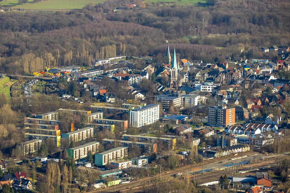Dortmund from above - Church building Katholische Kirche St. Remigius on street Jonathanstrasse in the district Mengede-Mitte in Dortmund at Ruhrgebiet in the state North Rhine-Westphalia, Germany