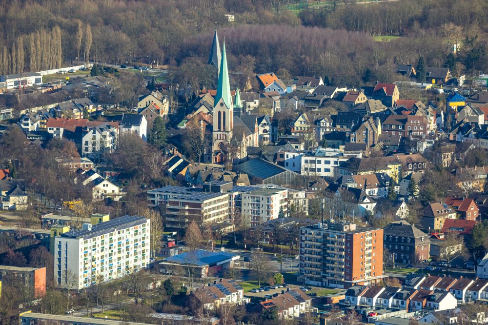 Dortmund from the bird's eye view: Church building Katholische Kirche St. Remigius on street Jonathanstrasse in the district Mengede-Mitte in Dortmund at Ruhrgebiet in the state North Rhine-Westphalia, Germany