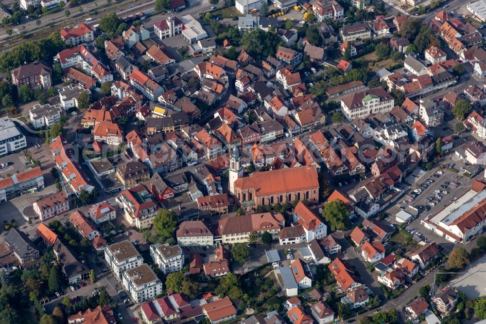 Aerial photograph Oberkirch - Church building of the catholic Church St. Cyriak in Old Town- center of downtown in Oberkirch in the state Baden-Wuerttemberg, Germany