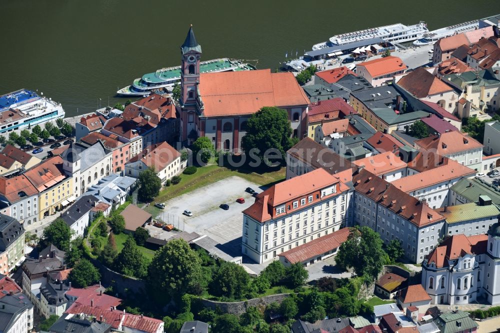 Passau from above - Church building of the Catholic church St Paul in the district Alstadt in Passau in the federal state Bavaria, Germany