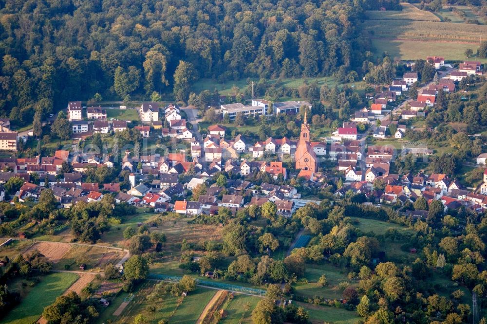Aerial image Wöschbach - Church building of Catholic community Pfinztal in Woeschbach in the state Baden-Wurttemberg, Germany