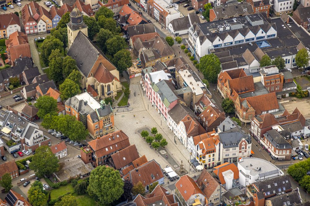 Ahlen from above - church building of the Catholic parish of St. Bartholomew in the old city center of the city center in Ahlen in the federal state of North Rhine-Westphalia, Germany