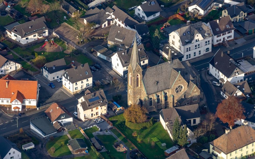 Finnentrop from above - Church building of the Kirche St. Anna Lenhausen on Westfalenstrasse in the district Lenhausen in Finnentrop in the state North Rhine-Westphalia, Germany