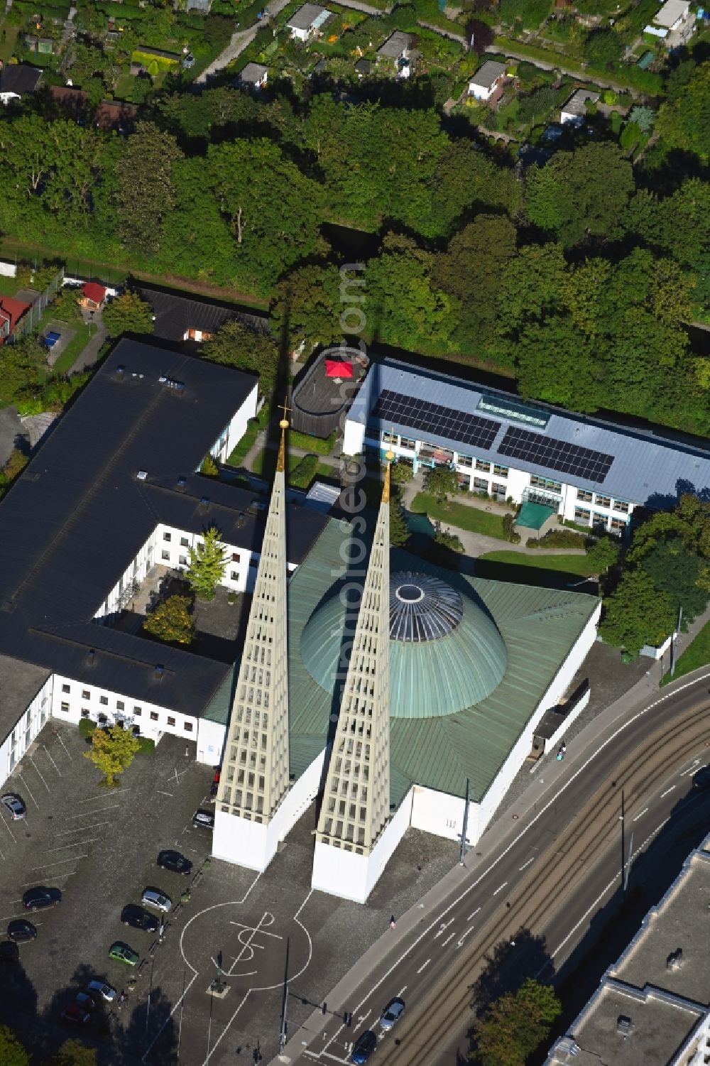 Augsburg from the bird's eye view: Church building of Kirche Don Bosco Herrenbach Augsburg on Don-Bosco-Platz in Augsburg in the state Bavaria, Germany