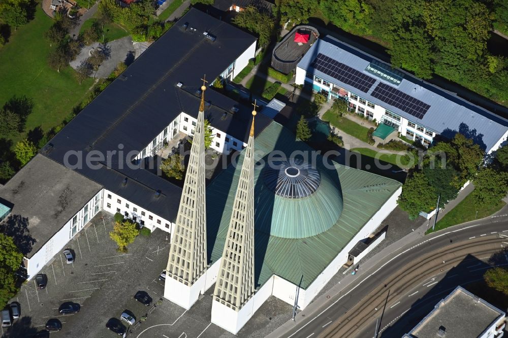 Aerial image Augsburg - Church building of Kirche Don Bosco Herrenbach Augsburg on Don-Bosco-Platz in Augsburg in the state Bavaria, Germany