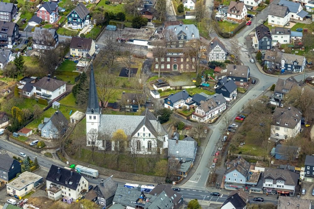 Aerial photograph Ferndorf - Church building of Kirche in Ferndorf on Siegerland in the state North Rhine-Westphalia, Germany