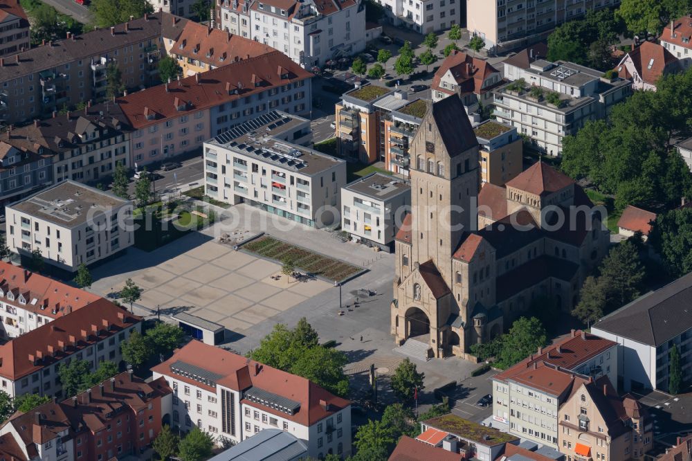 Singen (Hohentwiel) from above - Church building of Kirche Herz Jesu in Singen (Hohentwiel) in the state Baden-Wuerttemberg, Germany