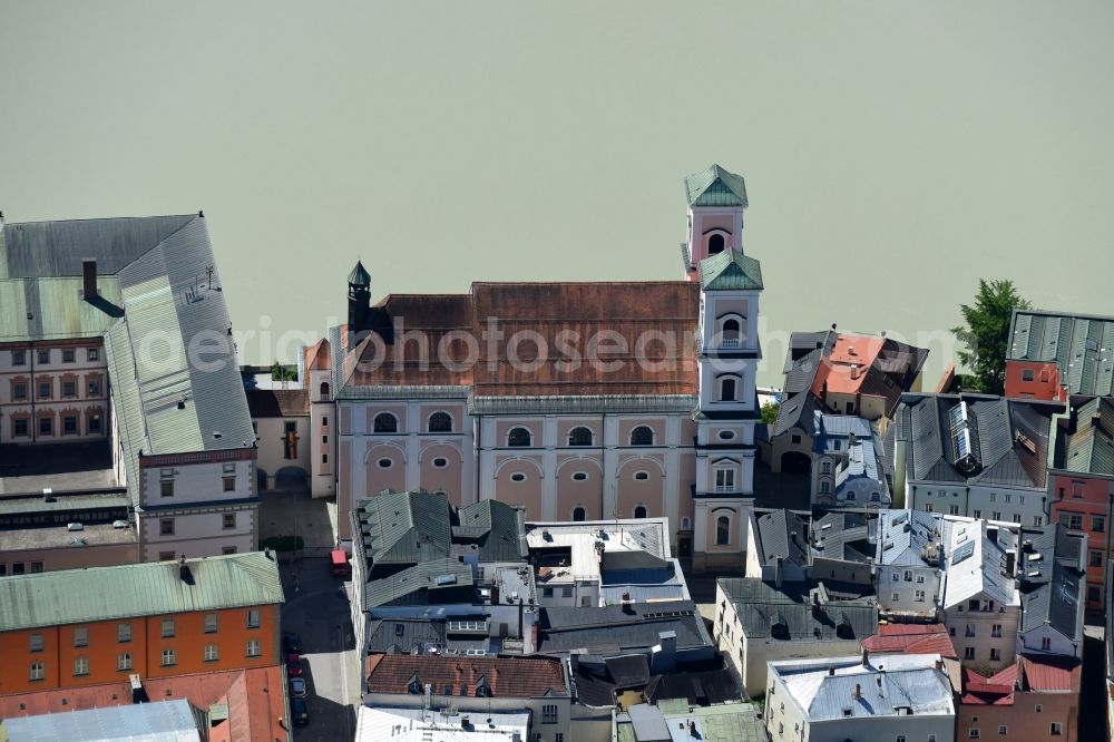 Passau from above - Church building Kirche St. Michael in the district Altstadt in Passau in the state Bavaria, Germany