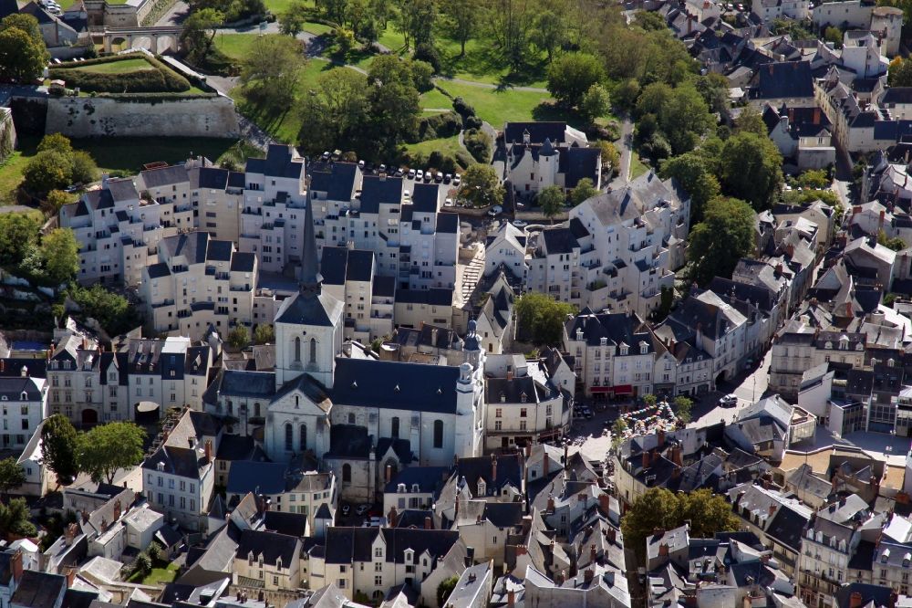 Saumur from above - Church building of the church Saint-Pierre in the Old Town- center of downtown in Saumur in Pays de la Loire, France