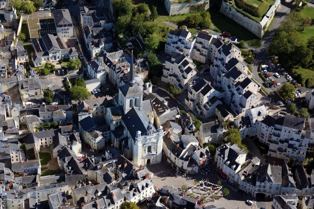 Aerial image Saumur - Church building of the church Saint-Pierre in the Old Town- center of downtown in Saumur in Pays de la Loire, France