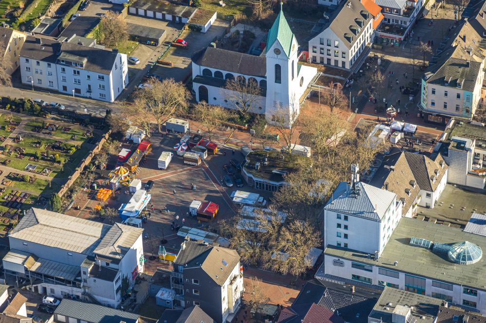 Aerial image Hombruch - Church building Ev. Kirchengemeinde Dortmund-Suedwest - Kirche on Markt on street Harkortstrasse in Hombruch at Ruhrgebiet in the state North Rhine-Westphalia, Germany