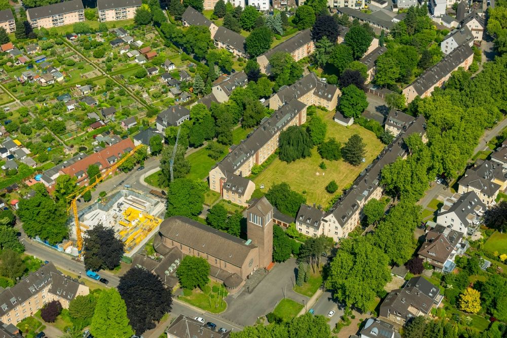 Bochum from above - Church building Kolumbarium St.Pius in Bochum in the state North Rhine-Westphalia, Germany