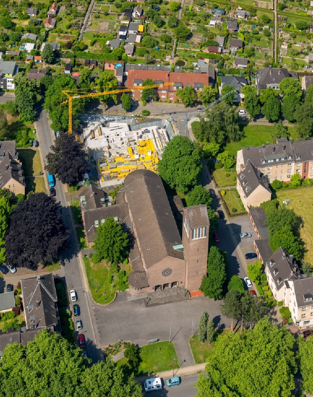 Aerial image Bochum - Church building Kolumbarium St.Pius in Bochum in the state North Rhine-Westphalia, Germany