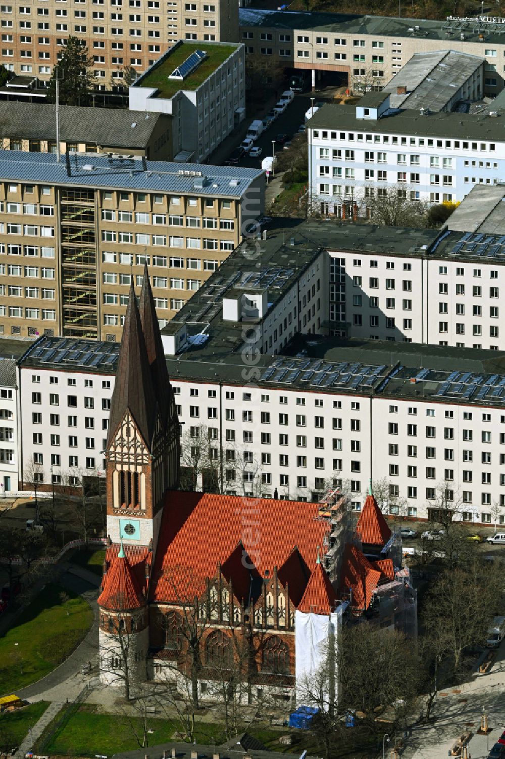 Aerial image Berlin - Church building of Koptische Gemeinde on place Roedeliusplatz in the district Lichtenberg in Berlin, Germany