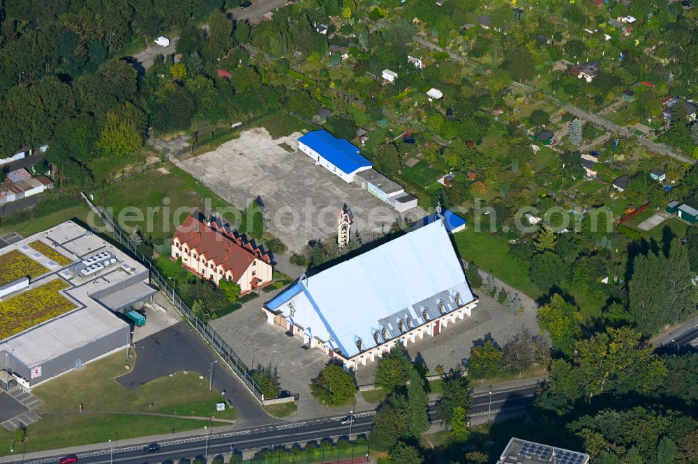 Aerial image Szczecin - Stettin - Church building Kosciol Rzymskokatolicki pw. Bozego Ciala in Szczecin in West Pomeranian, Poland