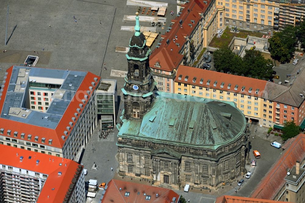 Dresden from the bird's eye view: Church building Kreuzkirche Dresden An der Kreuzkirche in Dresden in the state Saxony