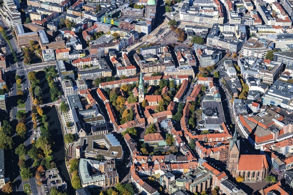 Hannover from above - Church building of the Kreuzkirche in Hannover in the state of Niedersachsen, Germany