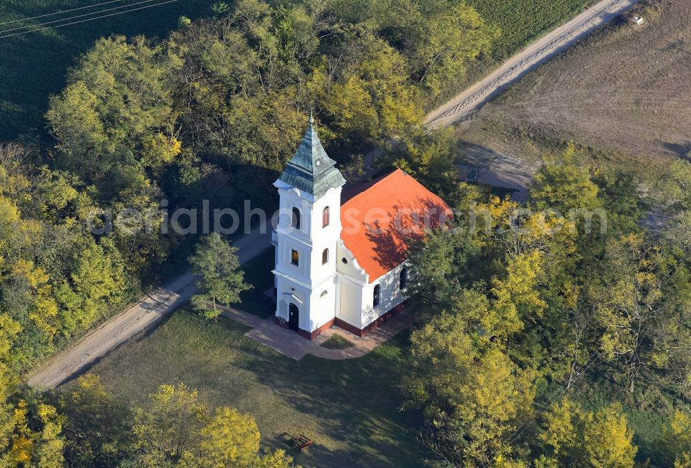 Kerekegyhaza from the bird's eye view: Church building Kunpusztai Reformatus Templom in Kerekegyhaza in Bacs-Kiskun, Hungary