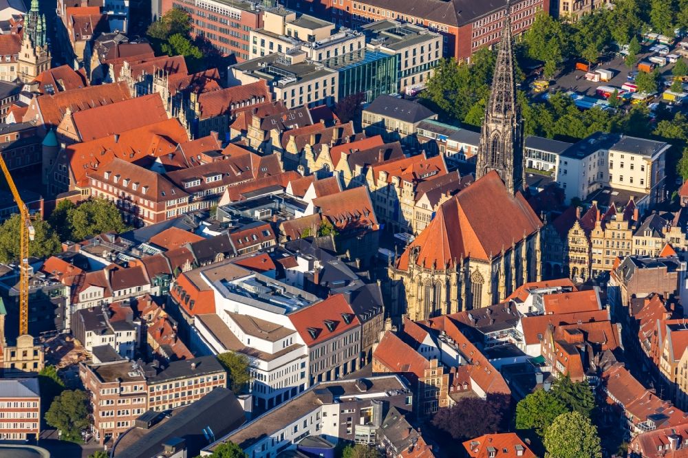 Münster from above - Church building in St. Lonberti-Kirche on Place Lambertikirchplatz on Old Town- center of downtown in Muenster in the state North Rhine-Westphalia, Germany
