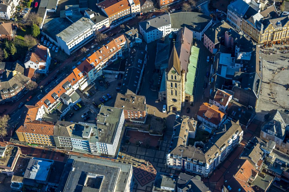 Aerial photograph Castrop-Rauxel - Church building St. Lambertus on place Lambertusplatz in Castrop-Rauxel at Ruhrgebiet in the state North Rhine-Westphalia, Germany