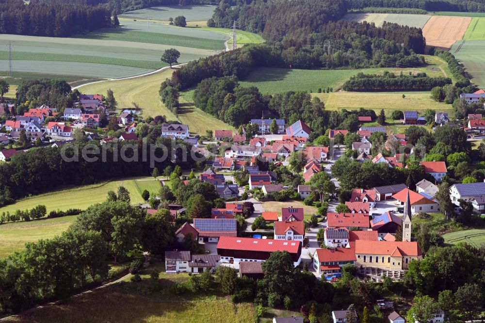 Sittenbach from above - Church building St. Laurentius in the village of on street Kirchstrasse in Sittenbach in the state Bavaria, Germany