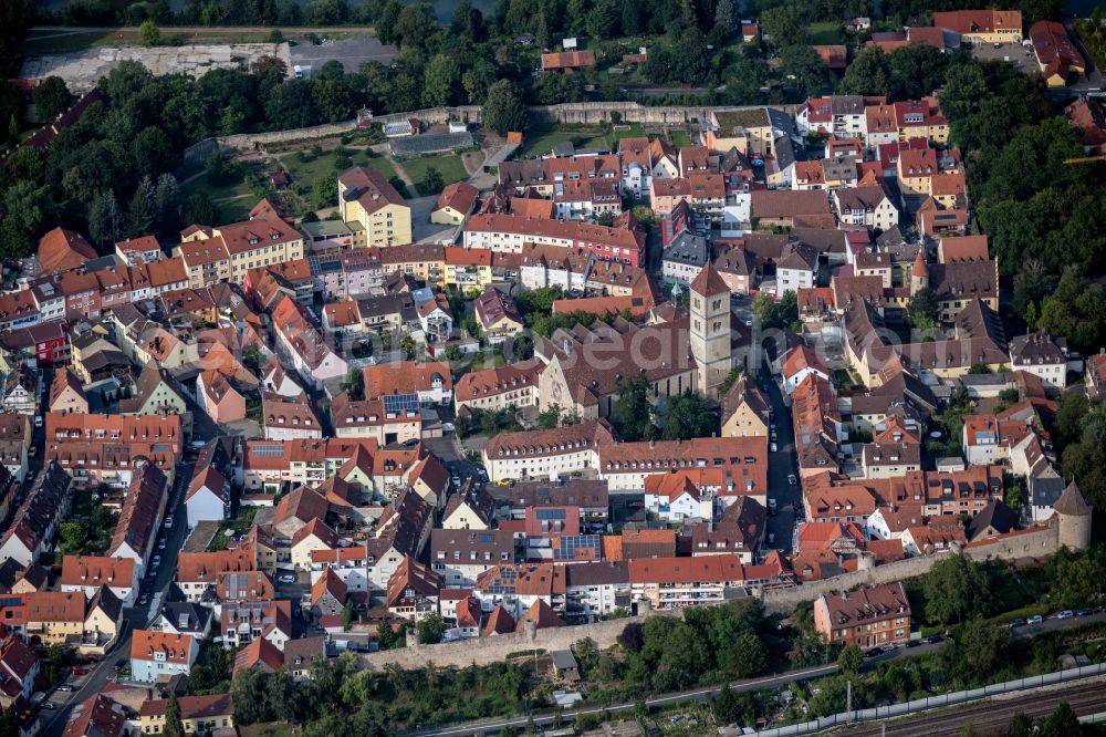 Würzburg from the bird's eye view: Church building in of St. Laurentius Kirche on Fuchsgasse Old Town- center of downtown in the district Heidingsfeld in Wuerzburg in the state Bavaria, Germany