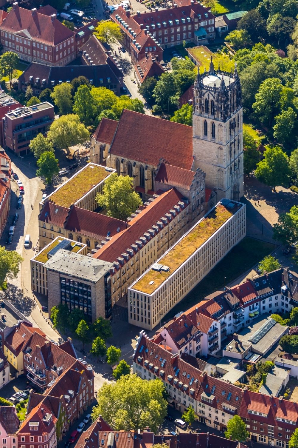 Münster from above - Church building in Liebfrauen-Ueberwasserkirche Old Town- center of downtown in Muenster in the state North Rhine-Westphalia, Germany