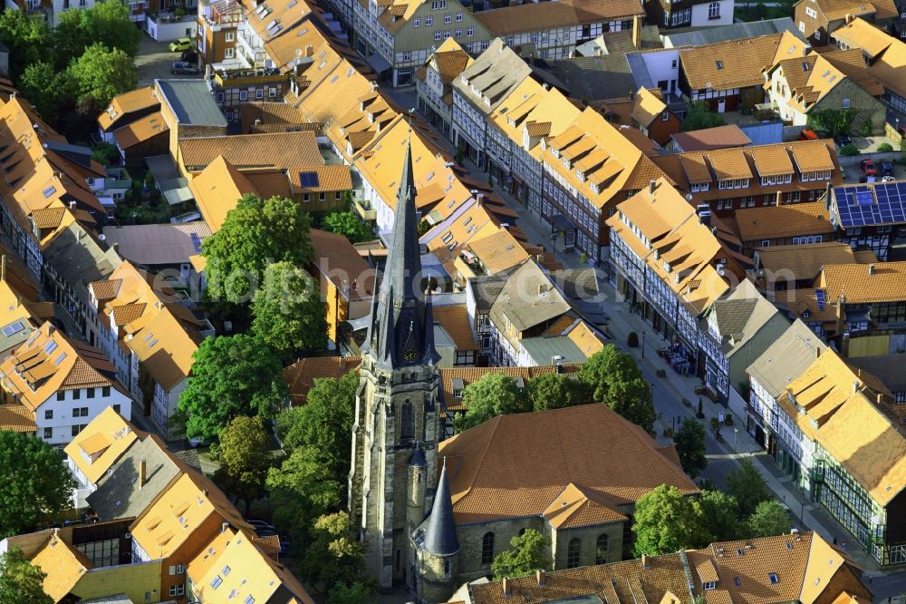 Aerial image Wernigerode - Church building in Liebfrauenkirche Old Town- center of downtown in Wernigerode in the state Saxony-Anhalt, Germany