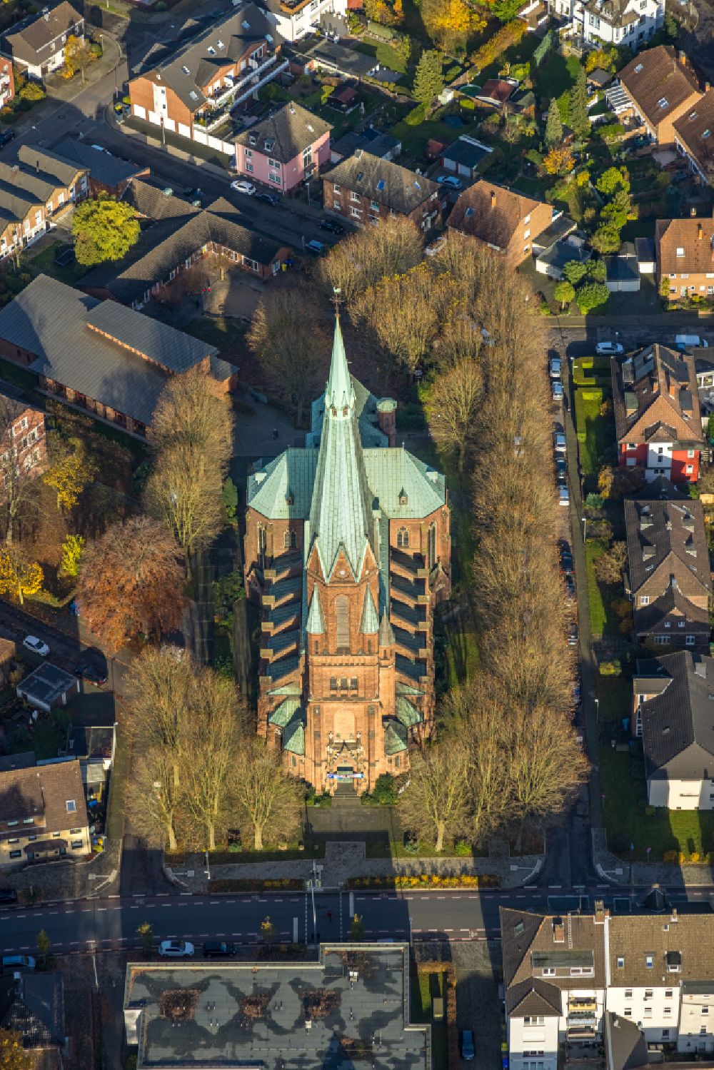 Bottrop from above - Church building Liebfrauenkirche on street Nordring in the district Eigen in Bottrop at Ruhrgebiet in the state North Rhine-Westphalia, Germany