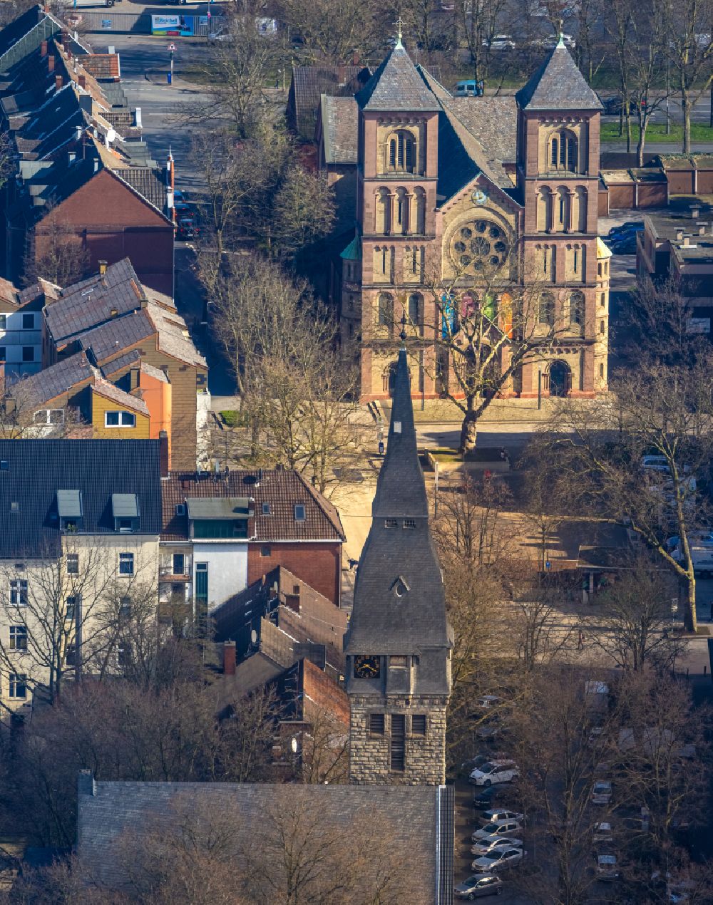 Gelsenkirchen from above - Church building Liebfrauenkirche in the district Neustadt in Gelsenkirchen at Ruhrgebiet in the state North Rhine-Westphalia, Germany