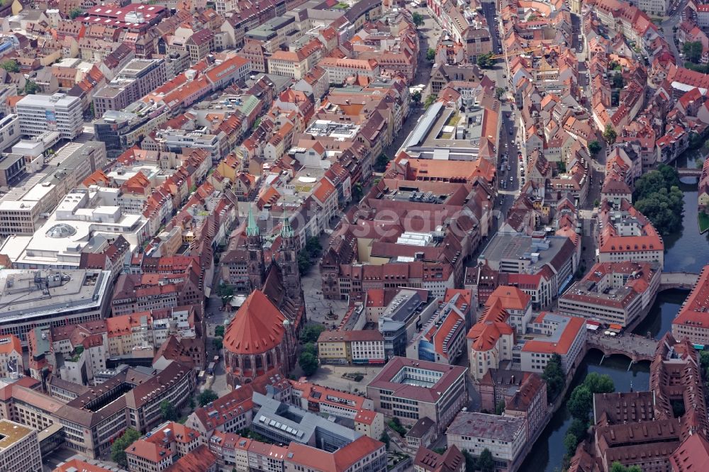 Nürnberg from above - Church building St. Lorenz in Old Town- center of downtown in Nuremberg in the state Bavaria