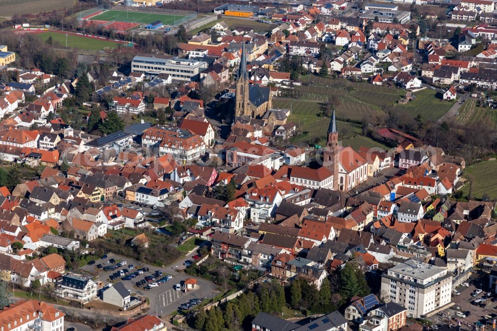 Aerial image Edenkoben - Church building in St. Ludwig Old Town- center of downtown in Edenkoben in the state Rhineland-Palatinate
