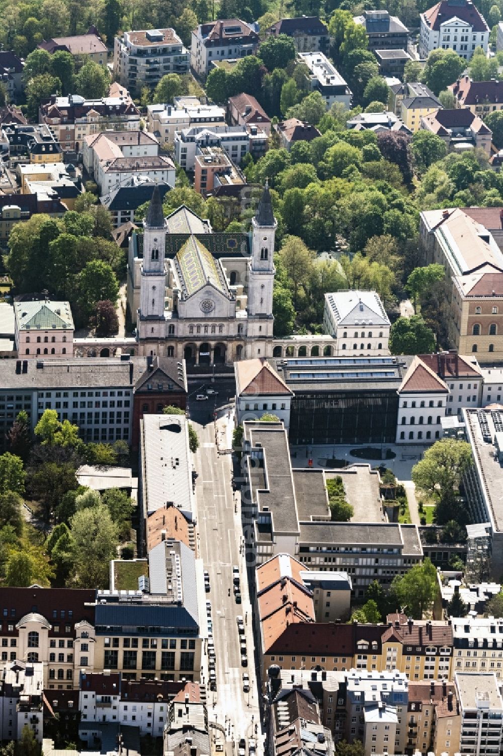 München from above - Church building in St. Ludwig on Ludwigstrasse Old Town- center of downtown in the district Maxvorstadt in Munich in the state Bavaria, Germany
