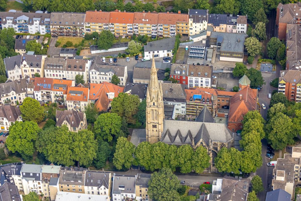 Dortmund from above - Church building Lutherkirche on street Kanzlerstrasse in the district Hoerde in Dortmund at Ruhrgebiet in the state North Rhine-Westphalia, Germany