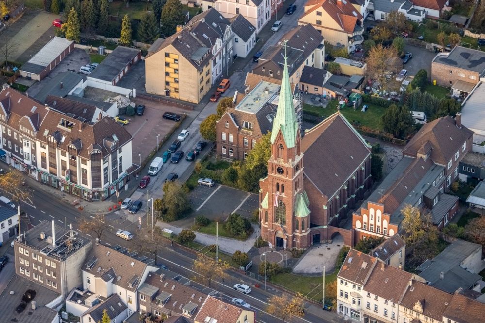 Mülheim an der Ruhr from above - Church building of Lutherkirche on Duisburger Strasse in Muelheim on the Ruhr in the state North Rhine-Westphalia, Germany