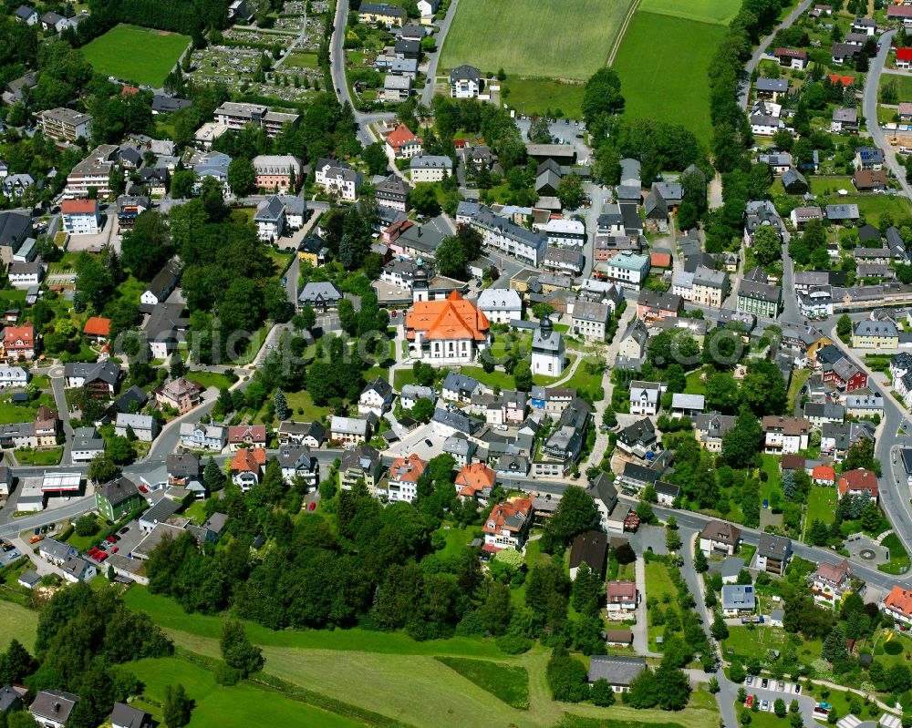 Aerial photograph Bad Steben - Church building of the Lutherkirche in the village of on street Luitpoldstrasse in Bad Steben in the state Bavaria, Germany