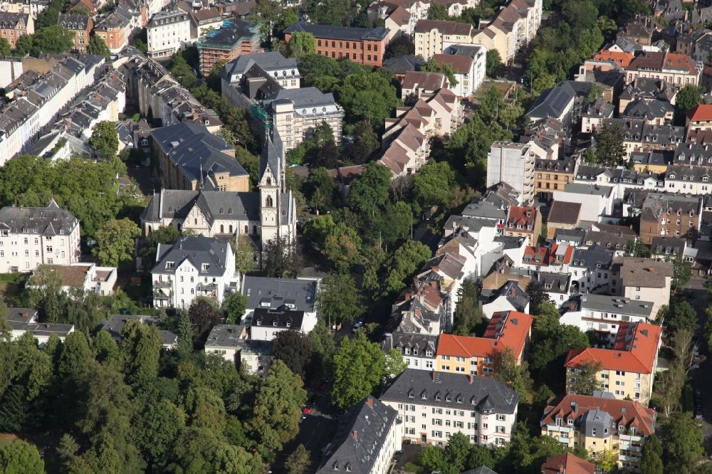 Wiesbaden from above - Church building of Maria Hilf Kirche on Kellerstrasse in Wiesbaden in the state Hesse, Germany