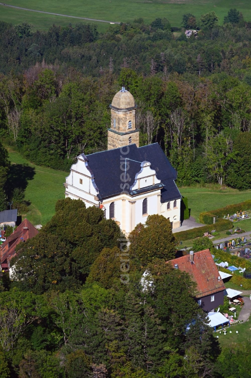 Rechberg from above - Church building St. Maria in Rechberg in the state Baden-Wuerttemberg, Germany