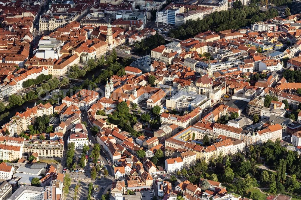 Graz from the bird's eye view: Church building in Mariahilfkirche and Umgebung Old Town- center of downtown in Graz in Steiermark, Austria