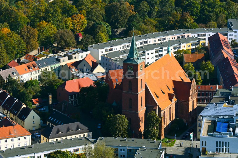 Bernau from above - Church building in St. Marien on Kirchgasse in Old Town- center of downtown in Bernau in the state Brandenburg, Germany