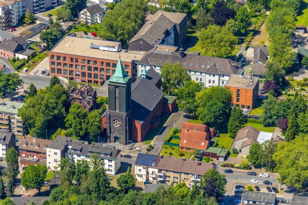 Aerial image Herne - Church building of St. Marien Eickel on Herzogstrasse in Herne in the state North Rhine-Westphalia, Germany