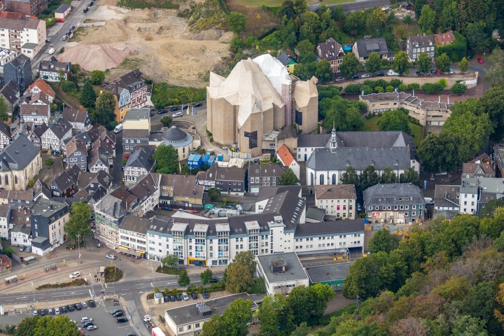Velbert from above - Church building of the cathedral of Mariendom Neviges on Loeher Strasse in Velbert in the state North Rhine-Westphalia, Germany