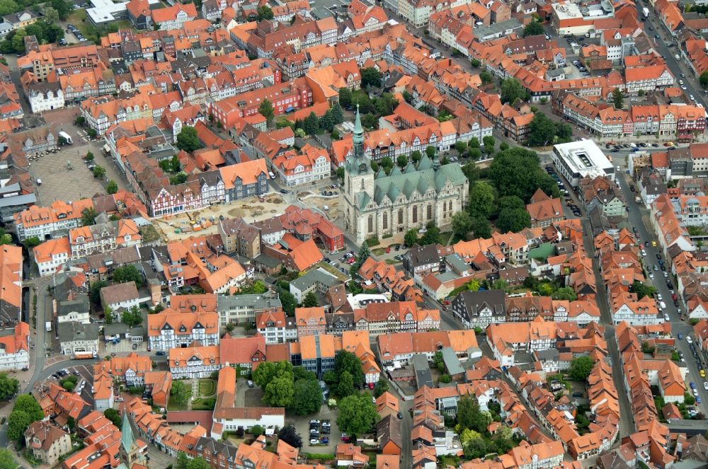 Wolfenbüttel from above - Church building in Marienkirche Old Town- center of downtown in Wolfenbuettel in the state Lower Saxony
