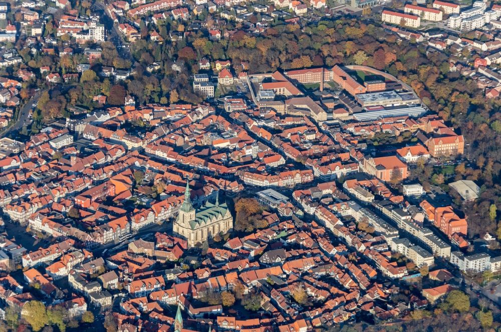 Aerial image Wolfenbüttel - Church building in Marienkirche Old Town- center of downtown in Wolfenbuettel in the state Lower Saxony