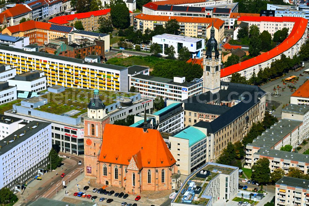 Aerial image Dessau - Church building in Marienkirche Old Town- center of downtown on place Schlossplatz in Dessau in the state Saxony-Anhalt, Germany