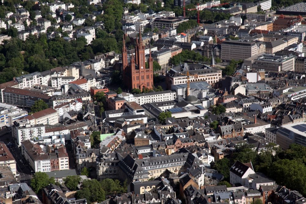 Wiesbaden from the bird's eye view: Church building of the cathedral in the old town in Wiesbaden in the state Hesse, Germany