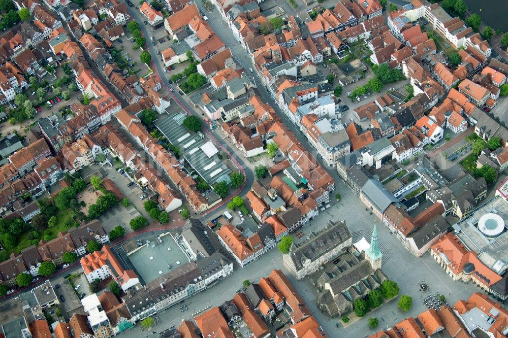 Aerial image Hameln - Church building in of Marktkirche St. Nicolai Old Town- center of downtown in Hameln in the state Lower Saxony, Germany